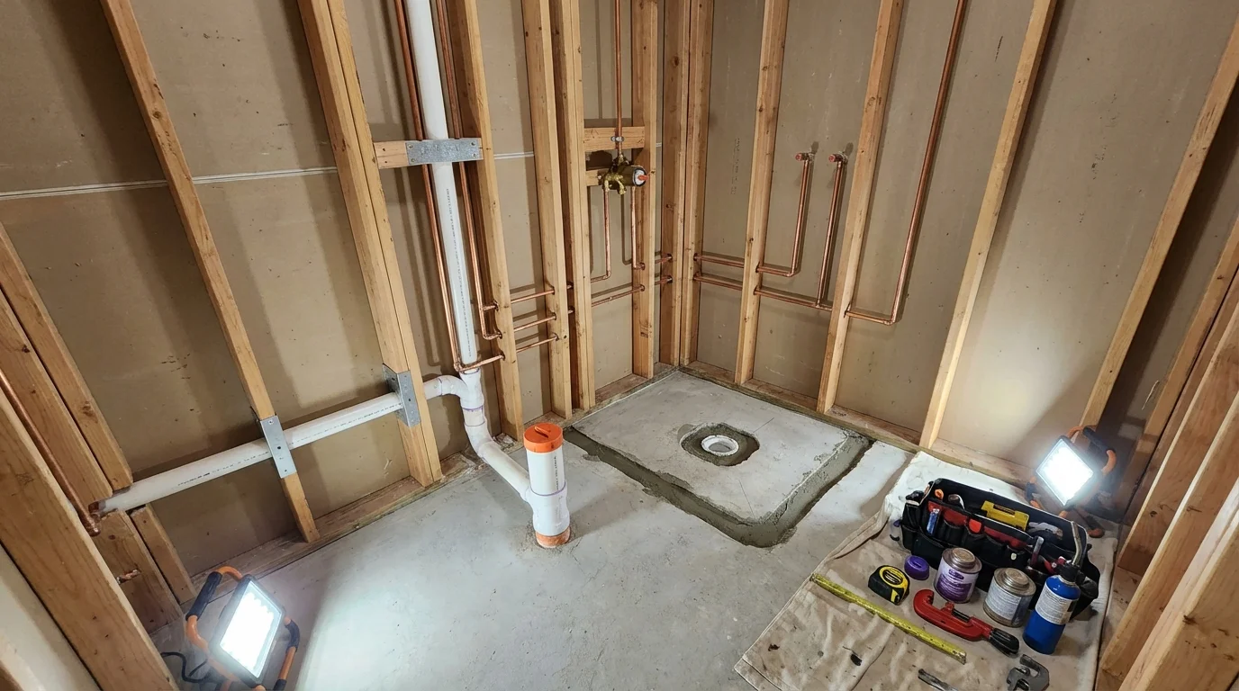 Bathroom rough-in plumbing during remodel by Johns Plumbing LLC in Belle Fourche